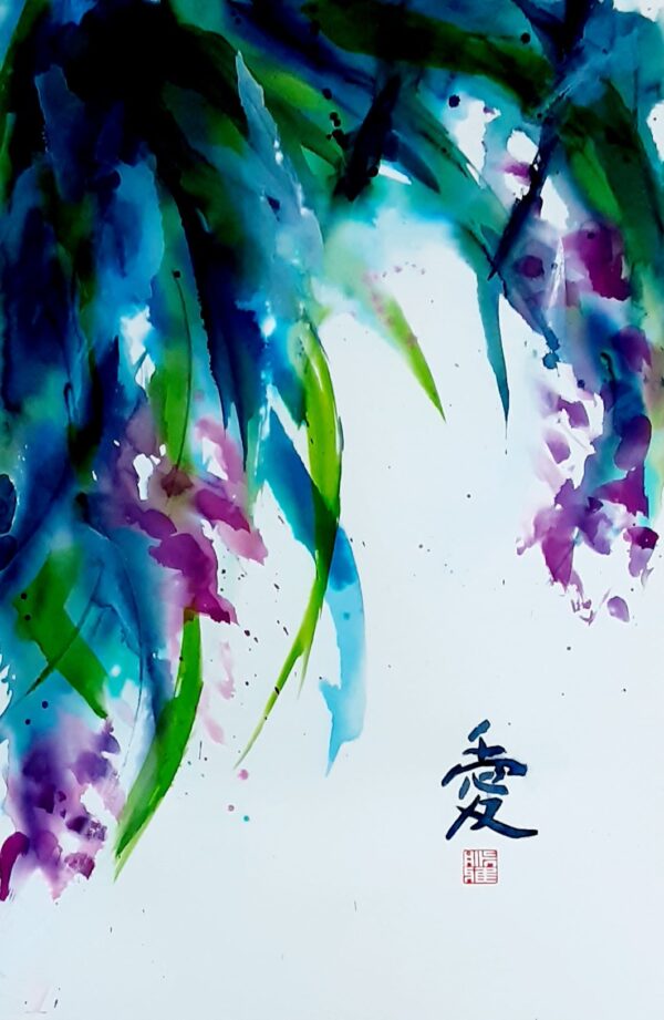 Love - Original artwork of a purple orchids and blue green leaves hanging from above and gently blowing in the breeze. The flowers and hanging leaves contain reflections from the light above. On the right-hand side is Asian calligraphy for 'love'. The painting conveys a sense of spirituality and elegance.