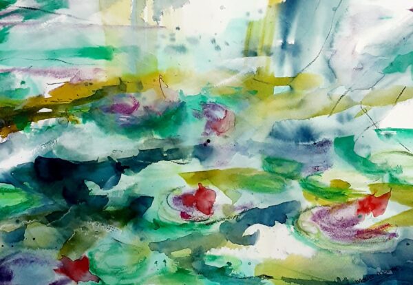 Monets Pond - an abstract original artwork of blue green water in a pond and red / pink lotus flowers floating on the surface of the water. The light reflects of the water and plants. The painting conveys and image of elegance and interest.
