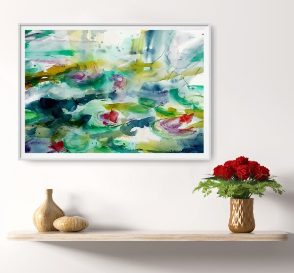 Monets Pond - an abstract original artwork of blue green water in a pond and red / pink lotus flowers floating on the surface of the water. The light reflects of the water and plants. The painting conveys and image of elegance and interest. the painting is hanging on a wall above a shelf with decorating items.