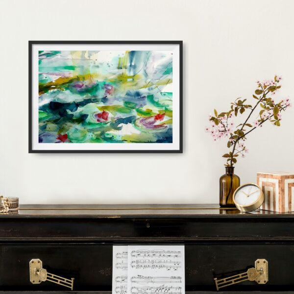 Monets Pond - an abstract original artwork of blue green water in a pond and red / pink lotus flowers floating on the surface of the water. The light reflects of the water and plants. The painting conveys and image of elegance and interest. The painting is hanging above a piano with decorating items.