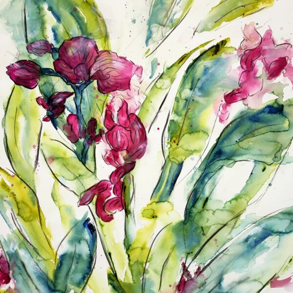 Original abstract painting of bright pink orchids and green leaves