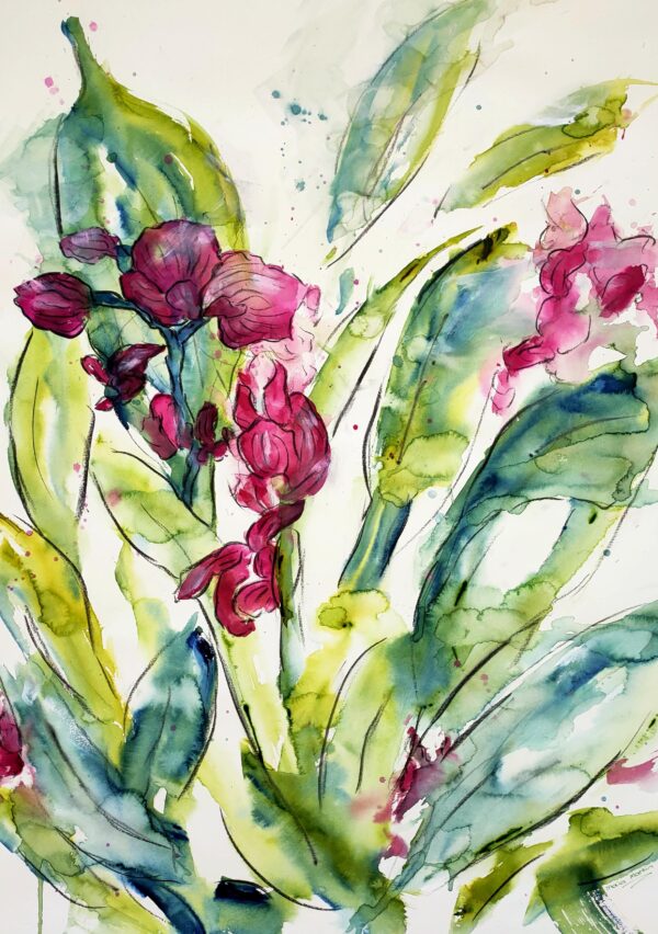 Original abstract painting of bright pink orchids and green leaves