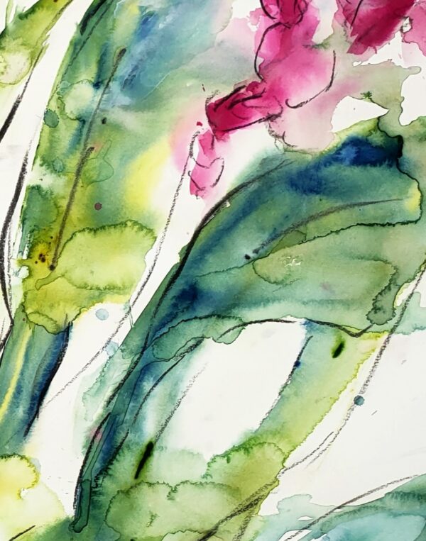 Detail of original painting of bright pink orchids and green leaves