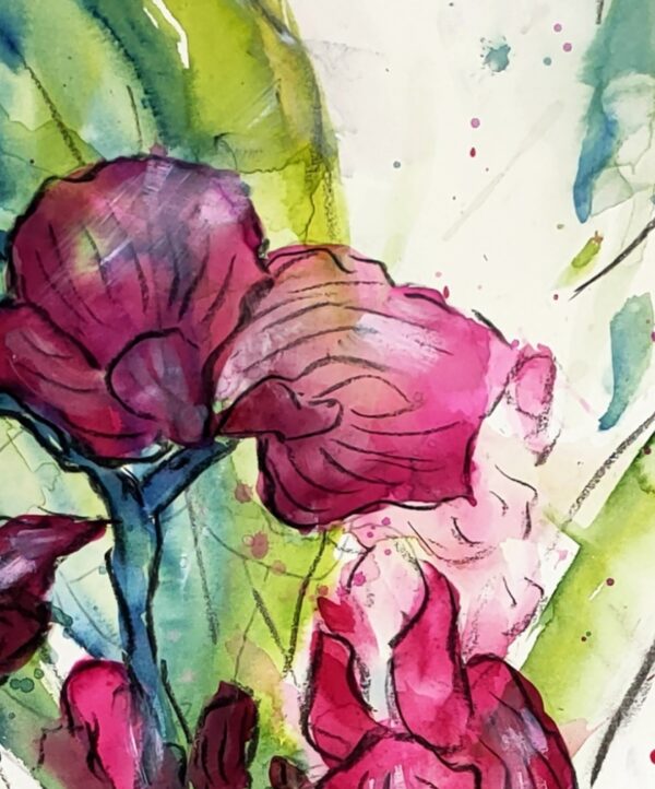 Detail of original painting of bright pink orchids and green leaves