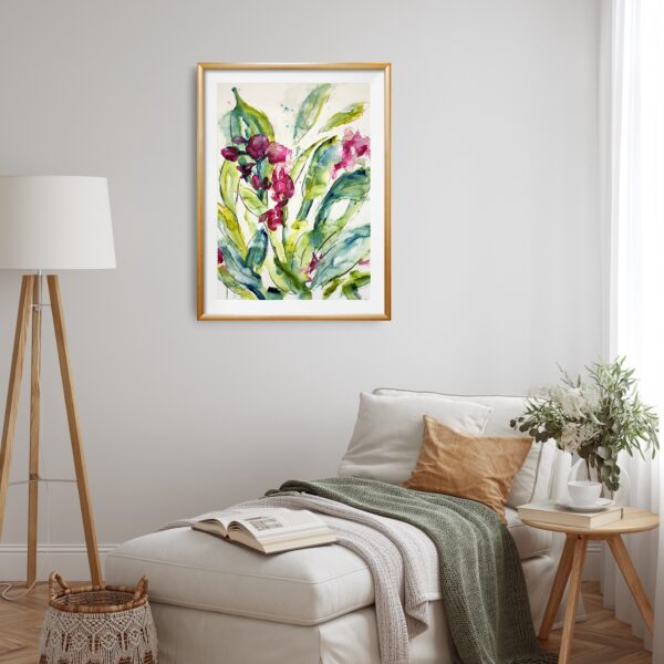 Original abstract painting of bright pink orchids and green leaves hanging on a beige wall above a chaise lounge and decorating items