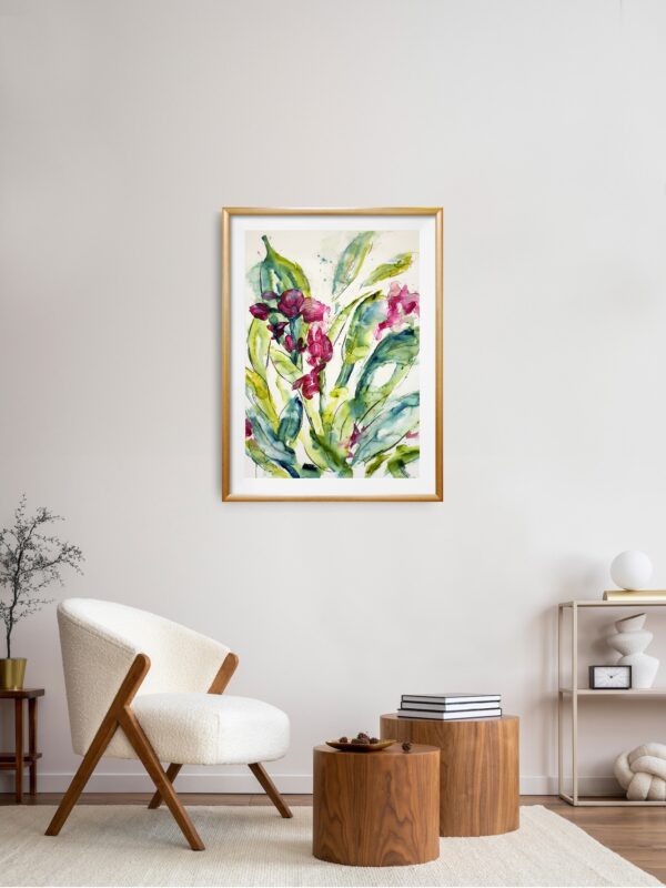 Original painting of pink orchids hanging on a wall above a chair and side tables