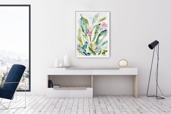 Orchid - A mixed media painting of luscious pink orchid flowers and green stems. The orchids reflect the light from above. This painting conveys romance and elegance. The painting is hanging on a wall above a cabinet, chair and tall light.