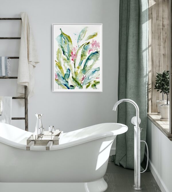 Orchid - A mixed media painting of luscious pink orchid flowers and green stems. The orchids reflect the light from above. This painting conveys romance and elegance. The painting is hanging on a wall above a bath.