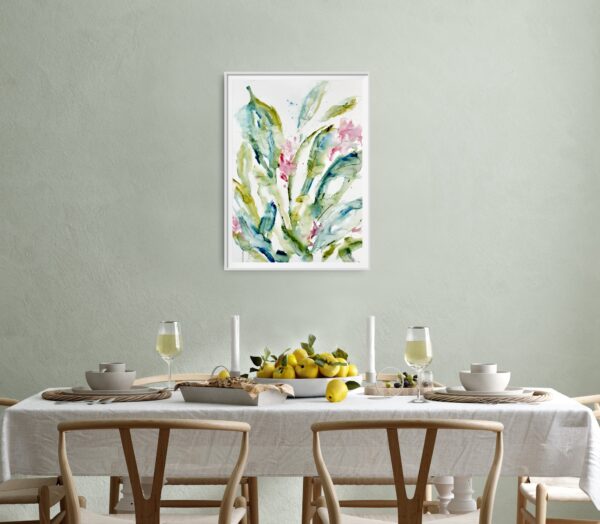 Orchid - A mixed media painting of luscious pink orchid flowers and green stems. The orchids reflect the light from above. This painting conveys romance and elegance. The painting is hanging on a pale green wall above a dining room table.