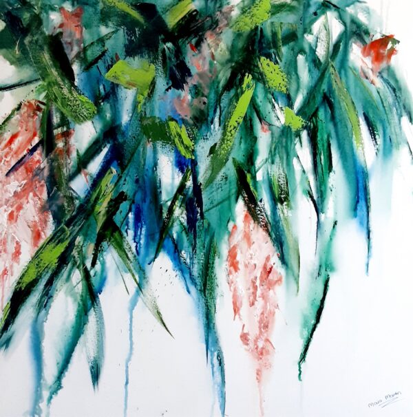 Spring Blossoms - This abstract mixed media artwork represents exotic red / pink flowers dropping down amongst lush foliage. The luscious bunches of flowers are in full bloom and the light is shining through the foliage. The painting represents the beauty of summer flowers blossoming and conveys a sense of serenity and beauty.