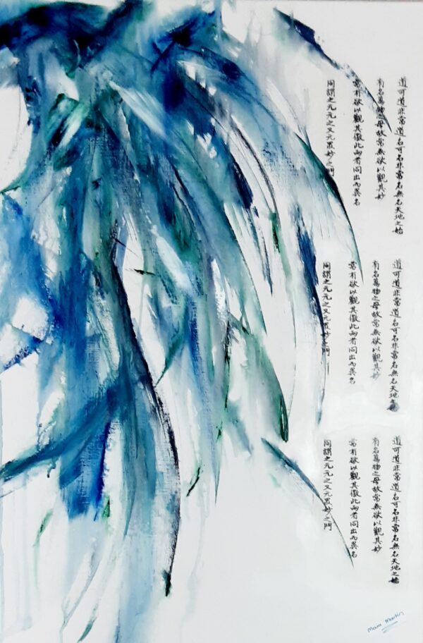 Tao te Ching Whispers - Original artwork of a blue green leaves hanging from above and gently blowing in the breeze. The hanging leaves contain reflections from the light above. There is Asian calligraphy on the right-hand side from the Tao te Ching regarding living a beneficial life. The painting conveys a sense of spirituality and elegance.