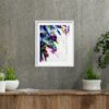 Purple Bougainvillea - Original artwork of a purple bougainvillea and green leaves hanging from above and gently blowing in the breeze. The flowers and hanging leaves contain reflections from the light above. On the right-hand side is Asian calligraphy from the Tao te Ching about living a beneficial life. The painting conveys a sense of romance and elegance. The painting is hanging on a brick wall above a cabinet and decorating items.
