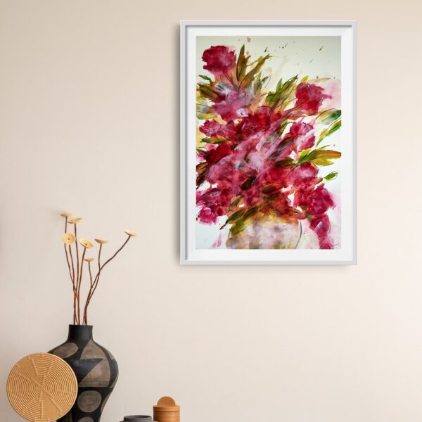 Red Roses - Original artwork of a vase filled with red roses and some green leaves. The roses have long stems and are in full bloom, showing their bright red petals. The vase reflects the light from a nearby window. The painting conveys a sense of romance and elegance. The painting is hanging on a beige wall above a wooden cabinet and decorating items.