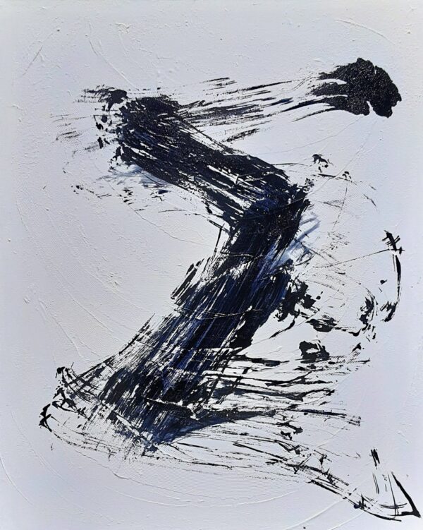 Moving Forward - Zen art abstract black and white painting depicting movement in bold Asian style brushstrokes.