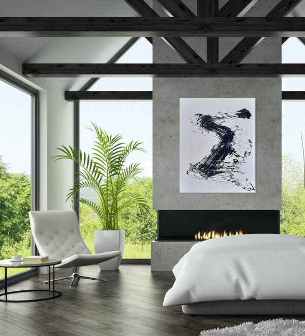 Moving Forward - Zen art abstract black and white painting depicting movement in bold Asian style brushstrokes. The painting is hanging on a bedroom wall above a fireplace.