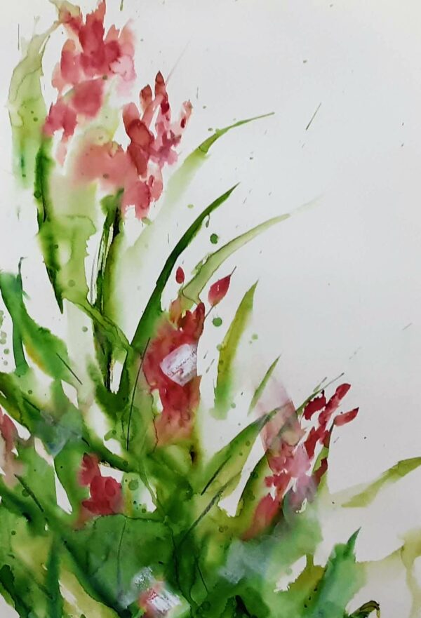 Delicate Orchid - A mixed media painting of luscious pink / red orchid flowers and green stems.