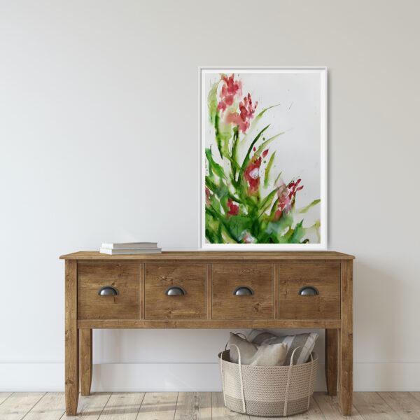 Delicate Orchid - A mixed media painting of luscious pink / red orchid flowers and green stems. The painting is a wooden cabinet and decorating items.