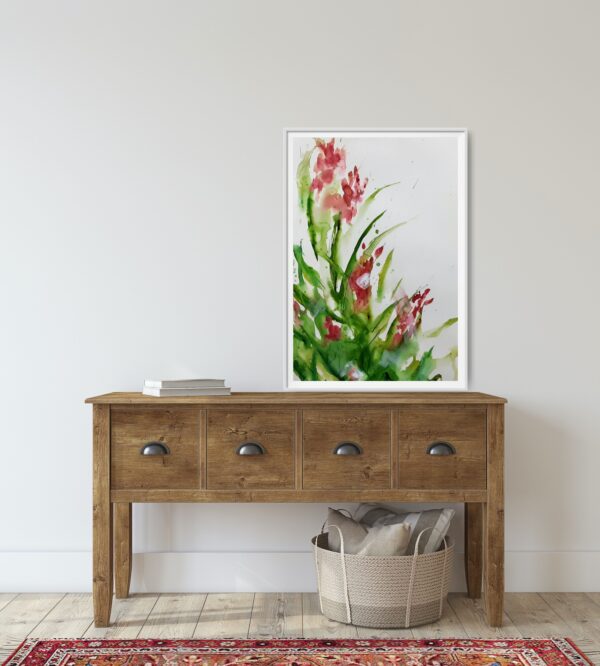 Delicate Orchid - A mixed media painting of luscious pink / red orchid flowers and green stems. The painting is a wooden cabinet and decorating items.