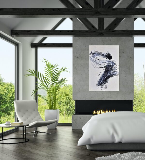 Power of the Serpent - Zen art abstract black and white painting depicting movement in bold Asian style brushstrokes. The painting is hanging on a bedroom wall above a fireplace with decorating items.