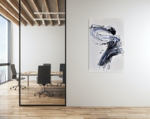 Power of the Serpent - Zen art abstract black and white painting depicting movement in bold Asian style brushstrokes. The painting is hanging on a conference room wall.