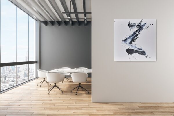 Rising to the Light - Zen art abstract black and white painting depicting movement in bold Asian style brushstrokes. The painting is hanging on a conference room wall.