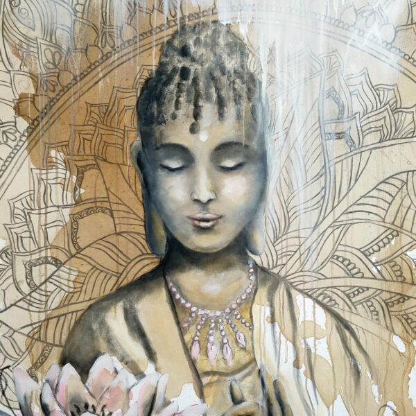 This abstract representation shows a female Buddha in meditation and contemplation holding her hand in a mudra. There is a pale pink lotus in the left-hand foreground symbolising reaching towards transformation and enlightenment. The background contains a mandala representing focus in meditation, higher thought and deeper meaning.
