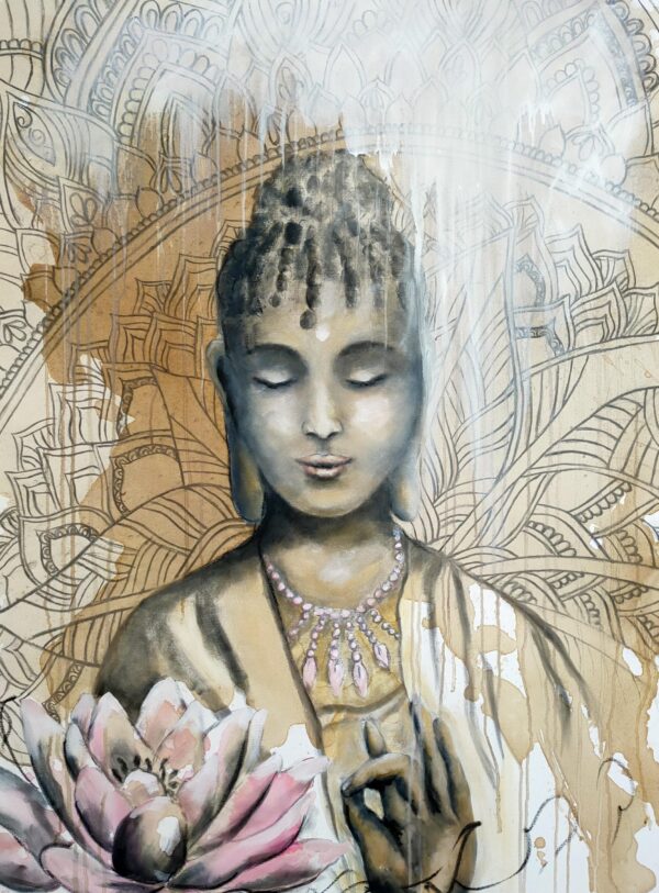 This abstract representation shows a female Buddha in meditation and contemplation holding her hand in a mudra. There is a pale pink lotus in the left-hand foreground symbolising reaching towards transformation and enlightenment. The background contains a mandala representing focus in meditation, higher thought and deeper meaning.