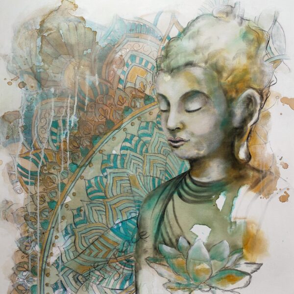 Soul Devotion - This abstract artwork portrays a female Buddha in quiet and peaceful meditation. In the right-hand foreground is a turquoise lotus flower representing rising from the mud of everyday life, towards transformation and enlightenment. The background comprises of a turquoise and ochre mandala, a symbol of focus for meditation, higher thought and deeper meaning in life.