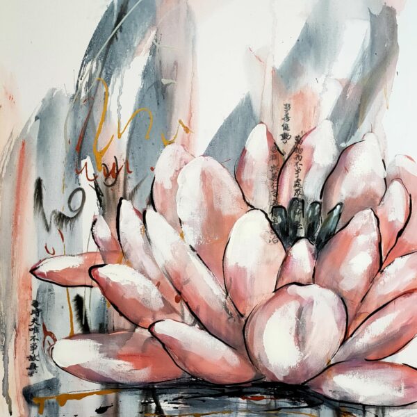 Blushed Lotus - mixed media painting portrays pale pink lotus flowers with an abstract background amidst Asian calligraphy for love and peace. Lotus flowers are representative of growing out of the muddy waters of life with purity, serenity and natural beauty.