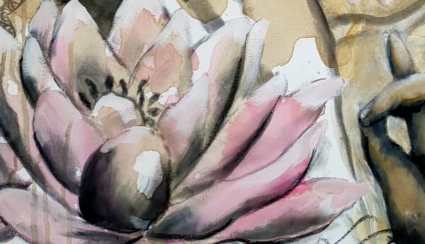 Quiet Contemplation -detail of a Buddha's hand and lotus flower - original artwork of a large pink lotus flower with an ochre Buddha's hand in a hand mudra for peace and meditation.