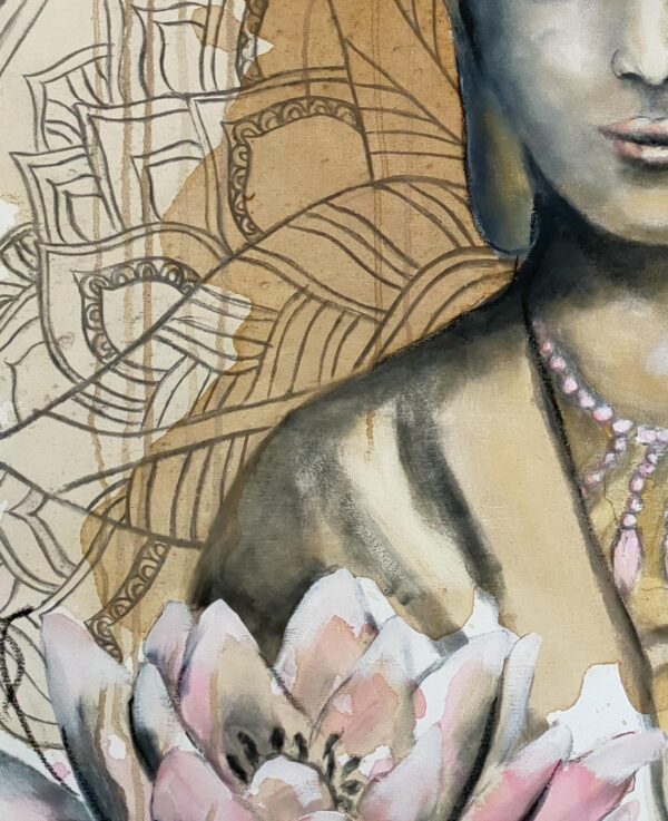 Quiet contemplation - detail of a mixed media painting portraying a female Buddha meditating, a pale pink and ochre lotus flower in the foreground and an ochre mandala patterned background. Lotus flowers are representative of growing out of the muddy waters of life with purity, serenity and natural beauty.