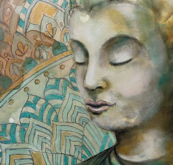 Soul Devotion - detail of an abstract artwork portrays a female Buddha in quiet and peaceful meditation. In the right-hand foreground is a turquoise lotus flower representing rising from the mud of everyday life, towards transformation and enlightenment. The background comprises of a turquoise and ochre mandala, a symbol of focus for meditation, higher thought and deeper meaning in life.