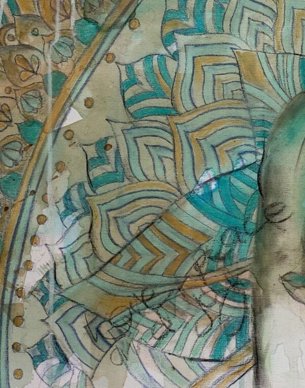 Soul Devotion - detail of the background comprising of a turquoise and ochre mandala, a symbol of focus for meditation, higher thought and deeper meaning in life. There are also the words love, peace, and joy in writing.