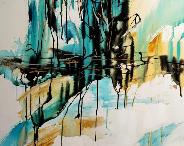 Summers Grace - detail of an abstract mixed media artwork portrays an estuary or lake with reflection of ochre, rich copper and black trees amidst a sunny sky.