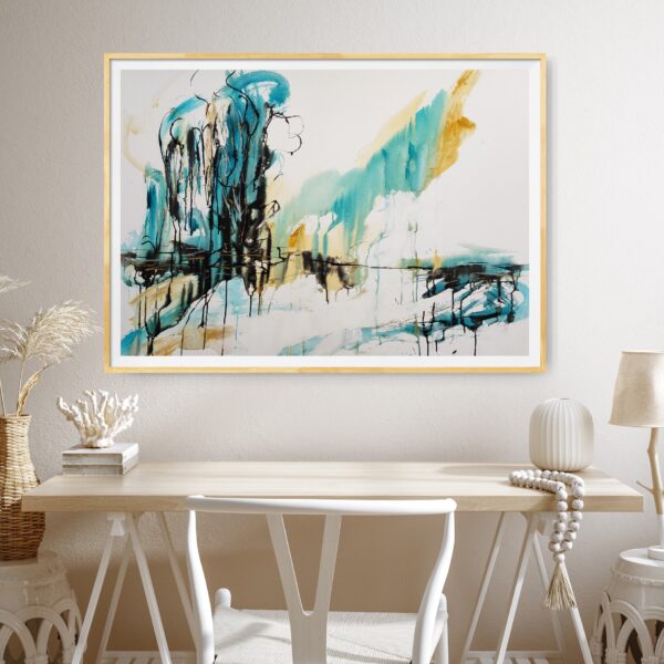 Summers Grace - This abstract mixed media artwork portrays an estuary or lake with reflection of ochre, rich copper and black trees amidst a sunny sky. The painting is hanging on a pale wall behind a desk and chair with decorating items displayed.