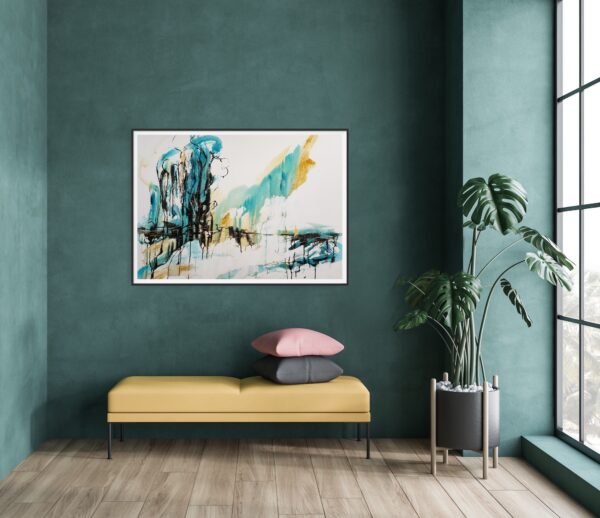 Summers Grace - This abstract mixed media artwork portrays an estuary or lake with reflection of ochre, rich copper and black trees amidst a sunny sky. The painting is hanging on a turquoise wall with a seat underneath and a pot plant to the right-hand side.