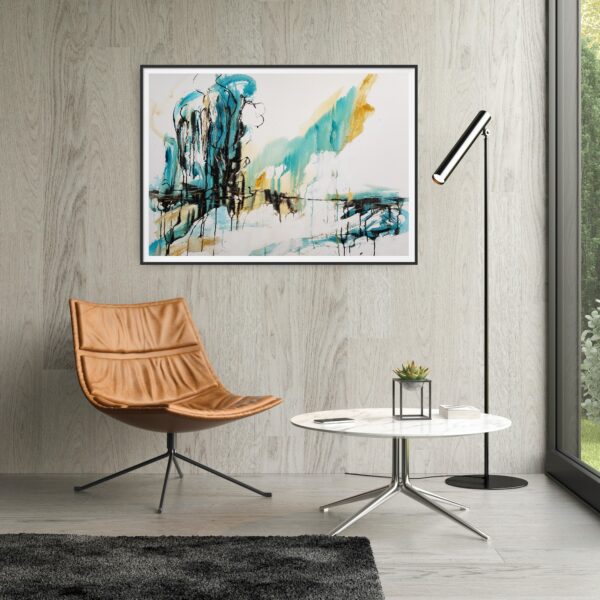 Summers Grace - This abstract mixed media artwork portrays an estuary or lake with reflection of ochre, rich copper and black trees amidst a sunny sky. The painting is hanging on a pale grey wall with a chair and coffee table in front.