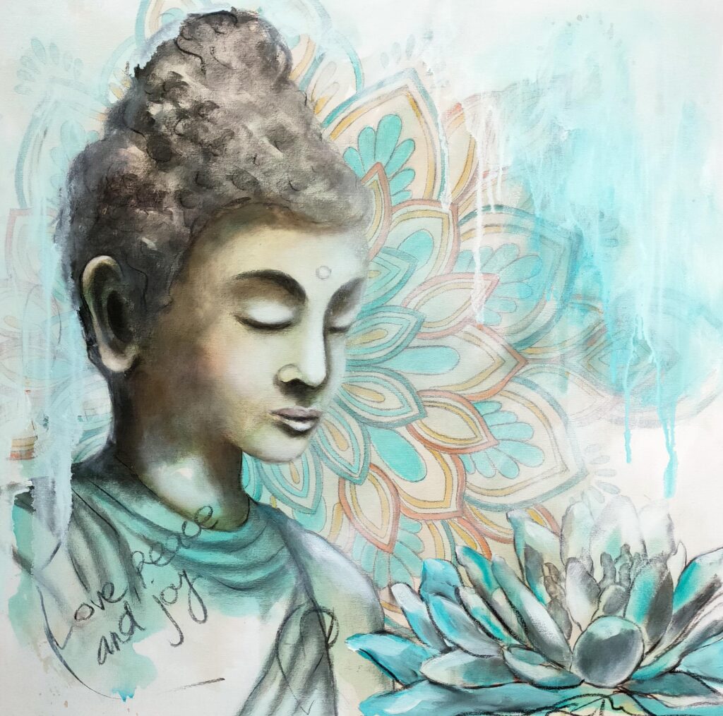 Wisdom's Grace - This abstract mixed media artwork portrays a peaceful and meditative Buddha, one of the most recognisable figures in Eastern art. It is ochre and turquoise with a lotus flower representing growing from the mud of life towards, purity, transformation, and enlightenment. The abstracted background contains Asian calligraphy for love, while the positive words of love, peace, and joy enhance the overall composition. The painting is hanging on a turquoise wall behind a wooden table, teapot and cups.