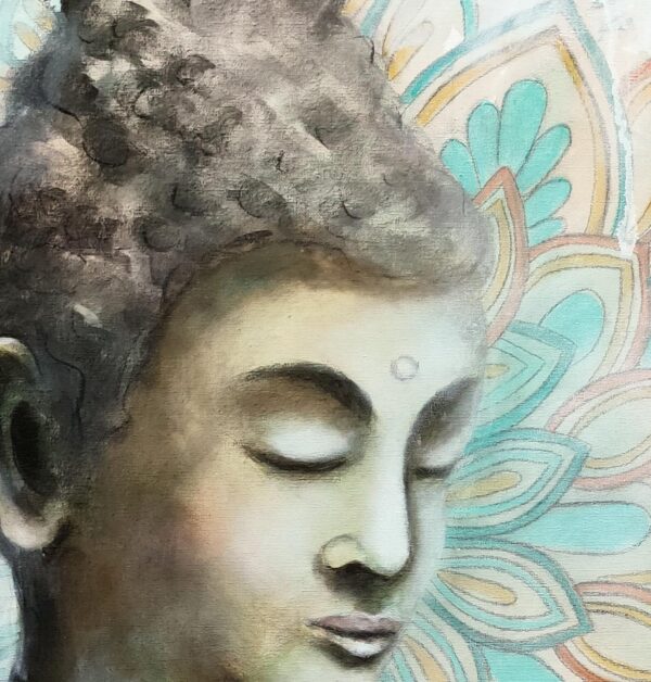 Wisdom's Grace - detail of an abstract mixed media artwork portraying a peaceful and meditative Buddha, one of the most recognizable figures in Eastern art. The abstracted background contains Asian calligraphy for love, while the positive words of love, peace, and joy enhance the overall composition.