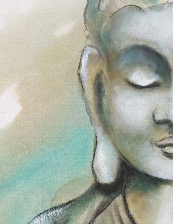 Buddha Love - detail of an abstract mixed media artwork portrays a peaceful and meditative Buddha, one of the most recognisable figures in Eastern art. It is ochre and turquoise with a lotus flower representing growing from the mud of life towards, purity, transformation, and enlightenment. The abstracted background contains Asian calligraphy for love, while the positive words of love, peace, and joy enhance the overall comnposition.