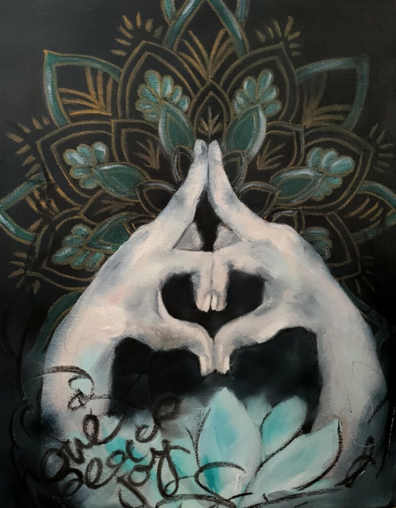 Anata - This abstracted mixed media artwork portrays the Yogic hand mudra for Anahata, the heart chakra. Beneath the hand mudra is a turquoise lotus flower embellished with love, peace and joy, adding to the composition. Lotus flowers are symbolic of rising from the mud of life towards purity, transformation, and enlightenment. In the background is a turquoise and ochre mandala. Mandalas are used as a focus for meditation, and self-awareness.