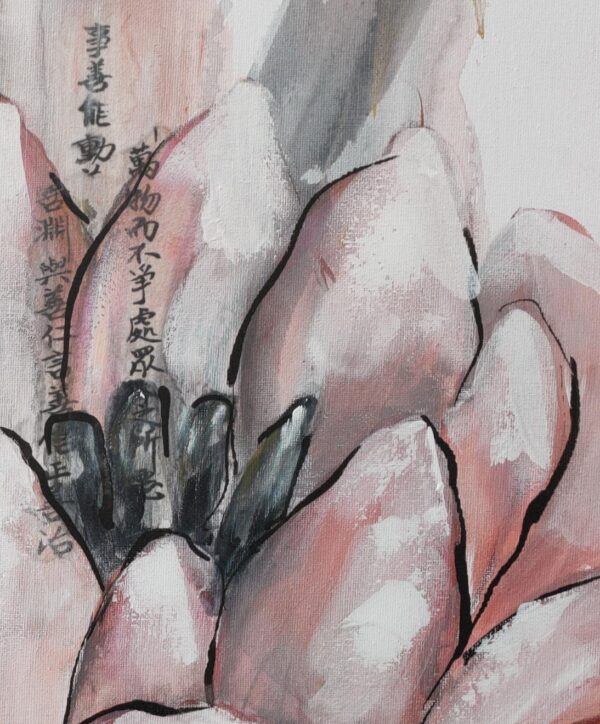 Blushed Lotus - detail of a mixed media painting portrays pale pink lotus flowers with an abstract background amidst Asian calligraphy for love and peace. Lotus flowers are representative of growing out of the muddy waters of life with purity, serenity and natural beauty.