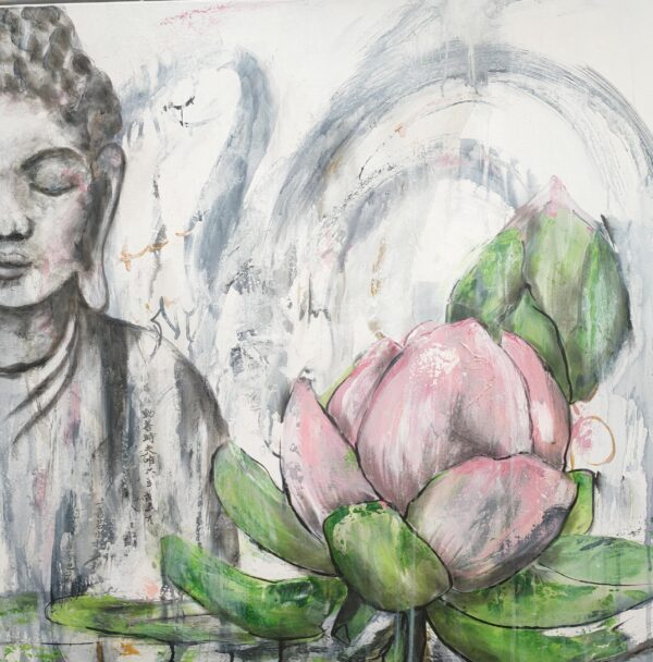 Buddha Heart - This mixed media artwork is an abstract representation of a female Buddha. In the foreground is a pink lotus flower as a symbol of transformation and enlightenment. There are various materials used to create the Asian calligraphy and bold brushstrokes in the background composition.