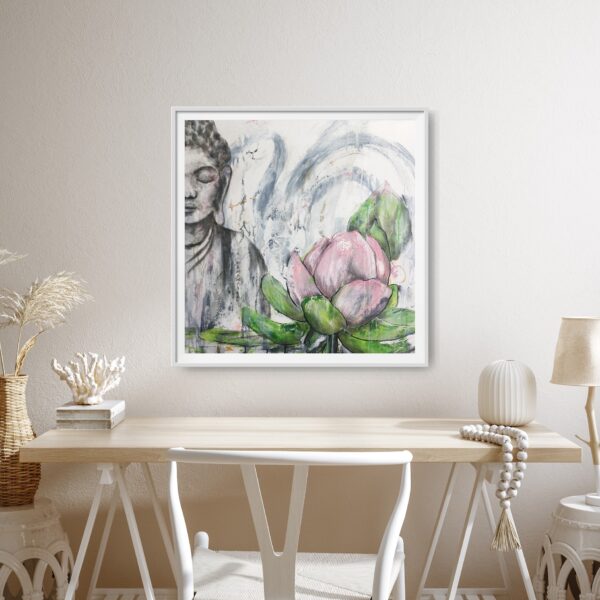 Buddha Heart - This mixed media artwork is an abstract representation of a female Buddha. In the foreground is a pink lotus flower as a symbol of transformation and enlightenment. There are various materials used to create the Asian calligraphy and bold brushstrokes in the background composition. The painting is hanging on a white wall with a pale desk and chair in front of it.