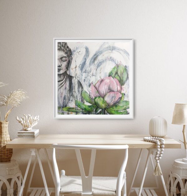 Buddha Heart - This mixed media artwork is an abstract representation of a female Buddha. In the foreground is a pink lotus flower as a symbol of transformation and enlightenment. There are various materials used to create the Asian calligraphy and bold brushstrokes in the background composition. The painting is hanging on a white wall with a pale desk and chair in front of it.
