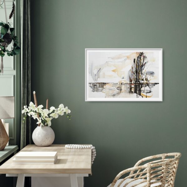 Elements of Nature - This abstract mixed media artwork portrays an estuary or lake with reflection of ochre, rich copper and black trees amidst a cloudy sky. The painting is hanging on a white wall in front of tables and chairs with decorating items. The painting is hanging on a green wall behind a pale desk, chair and decorating items.