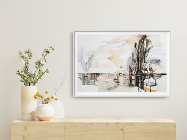 Elements of Nature - This abstract mixed media artwork portrays an outback lake, or billabong, with trees and scrubland emerging from the background amidst a storm. The painting is hanging a white wall in front of a wooden cabinet displaying decorating items.
