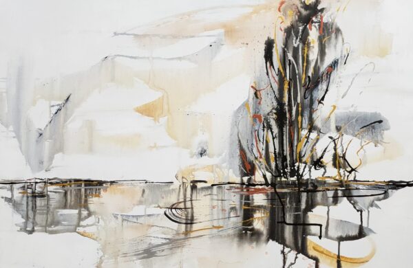 Elements of Nature - This abstract mixed media artwork portrays an estuary or lake with reflection of ochre, rich copper and black trees amidst a cloudy sky.
