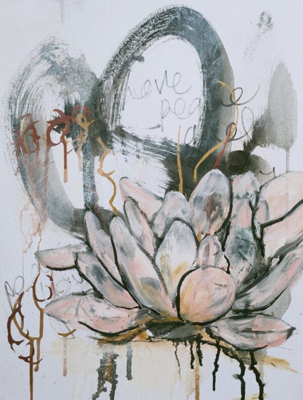 Enlightened Soul - This abstract mixed media artwork portrays a beautiful pale pink lotus flower symbolising growing from the mud of life into purity, transformation and enlightenment. The abstract background contains grey / black bold brushstrokes and positive words - love, peace, and joy, as well as calligraphy in rich copper and gold.