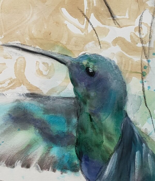 Hummingbird Jewels - detail of original artwork painting of a jade hummingbirds head and ochre background